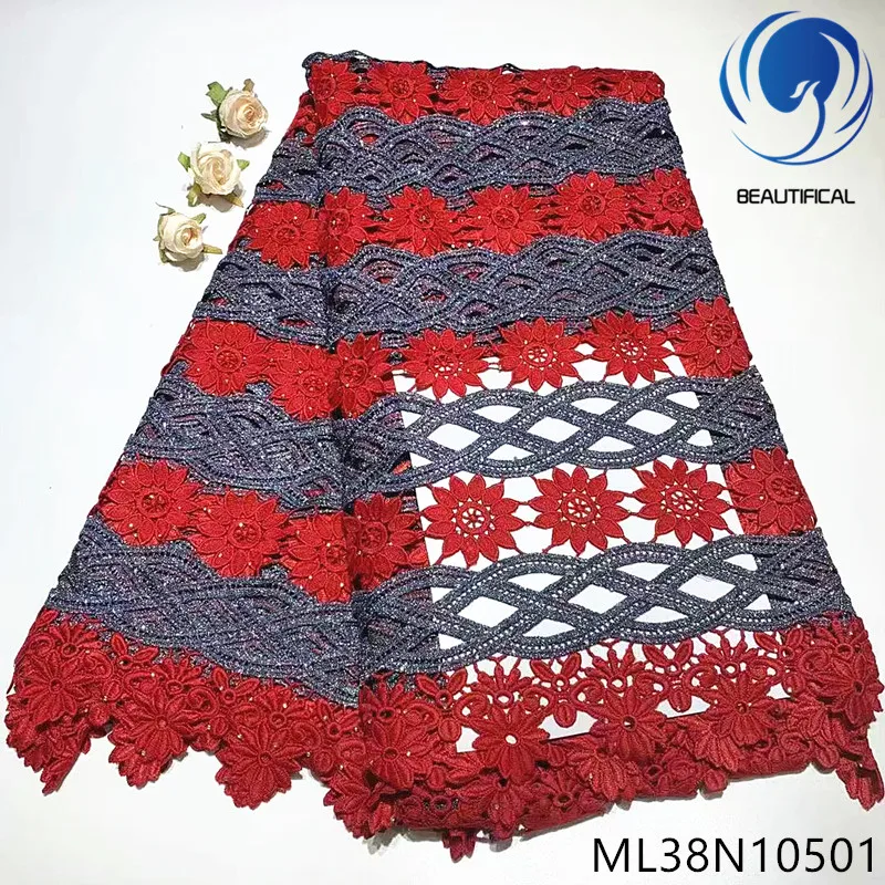 

BEAUTIFICAL nigerian lace fabrics Hot sale water soluble lace fabric with stones 5yards African chemical lace fabric ML38G105