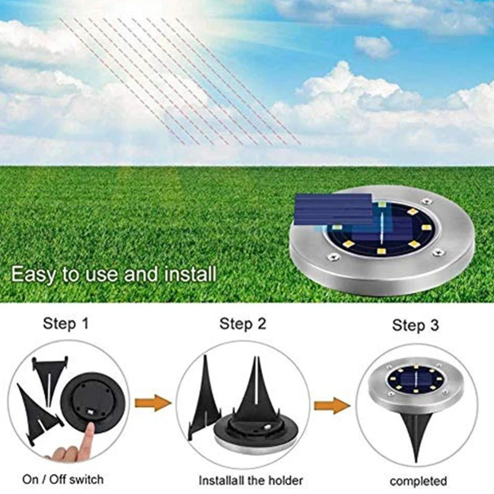 4Pcs LED Solar Buried Floor Light Waterproof Stainless Steel Underground Lights Outdoor Garden Road Path Stairs Ground Lawn Lamp 4