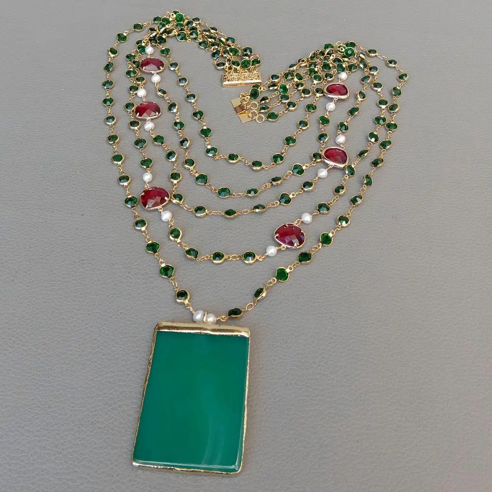 YYGEM Green Agate Pendant 5 Strands 18'' White Pearl Green red Crystal Chain Necklace handmade vintage party style pendant necklace