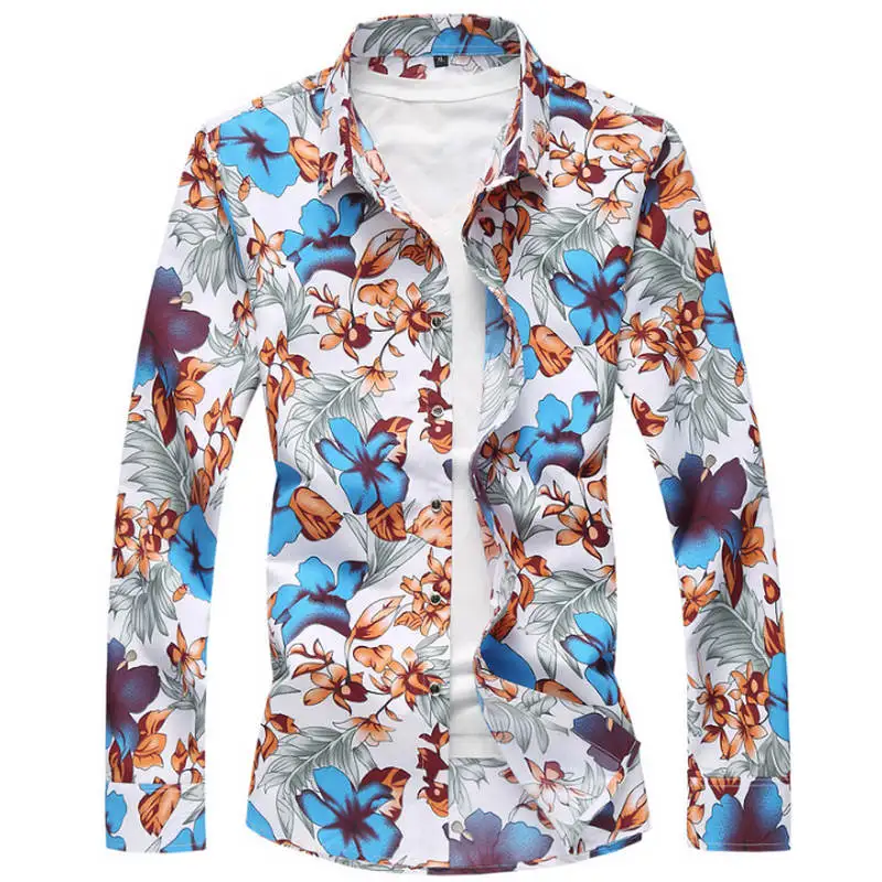 202 blue Модные цветочные мужские рубашки больших размеров M~ 5XL 6XL 7XL повседневные мужские рубашки с цветочным принтом черные, белые, красные, синие мужские рубашки - Цвет: 202 blue