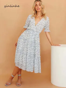 

yinlinhe White Blue Floral Summer Dress short Sleeve Long Wrap Dress Women bohemian Holiday Beach Ruffles Vestidos 2020 1368