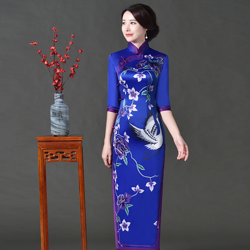 Фиолетовое китайское традиционное длинное платье Ципао женское шелковое атласное Ципао мягкое Двухслойное длинное вечернее Ципао размера плюс 3XL