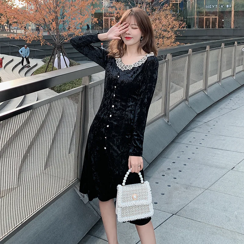 

2020 Spring Clothing New Style WOMEN'S Dress Gold Velvet French Platycodon Grandiflorum Black Dress Long-sleeved Dress Women's F