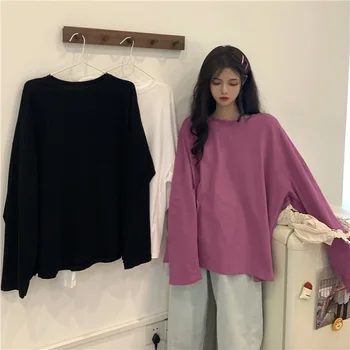 

Net Price Solid Color T-shirt Women Long Sleeve 2020 Autumn New Style Korean-style Versatile Base Paragraph Loose Crew Neck Tops