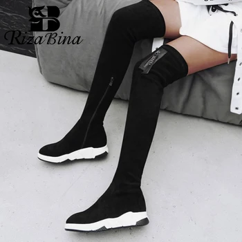 

RIZABINA 2020 Real Leather Women Over Knee Boots Black Zipper Stretch Boots Round Toe Comfortable Shoes Women Size 34-39