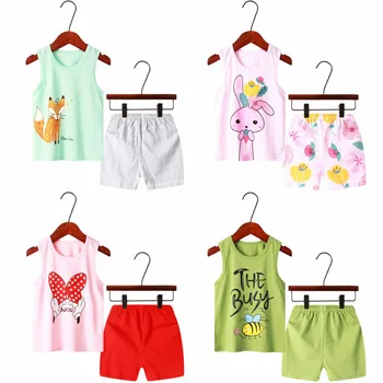 

2020 Children's Clothing Pure Cotton Girls Home Casual Suit Cotton Cartoon Cute Vest Shorts Two-piece Suit Summer Boys Clothes