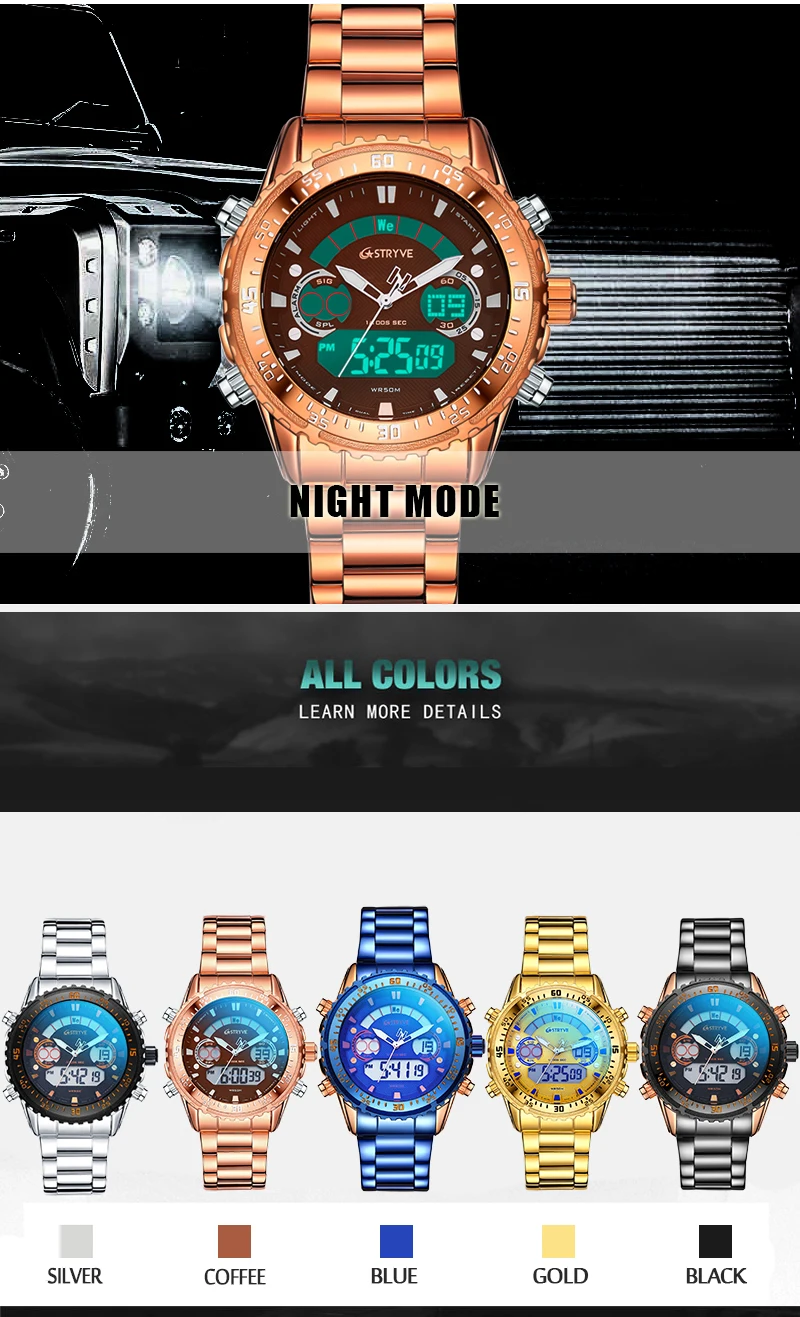 2020 New Stryve 8020 Luxury Men Watch Stainless Steel Military Dual Display Waterproof Quartz Digital Sports Watch reloj hombre
