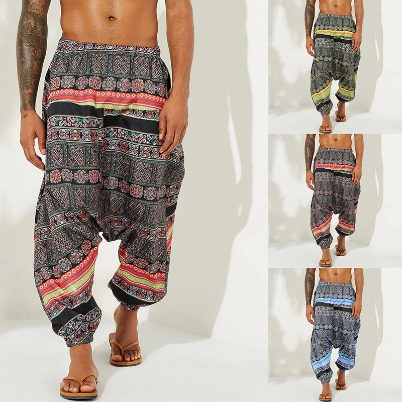 Мужские модные Boho принт в этническом стиле шаровары новые мужские широкие брюки с завязками на лодыжке Повседневный свободный свитер брюки