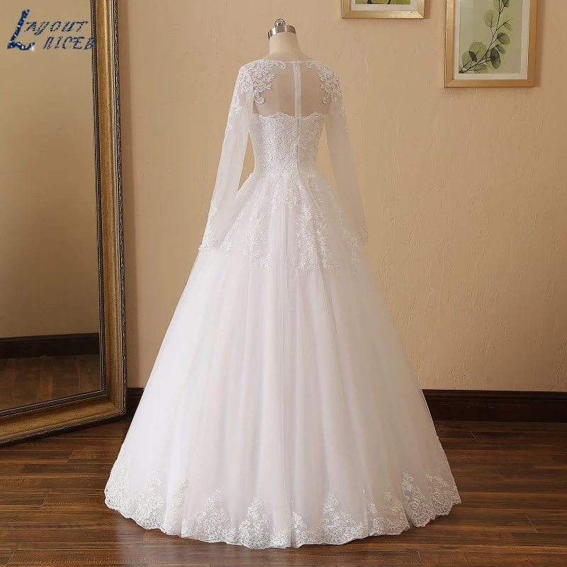 YQS020 Robe De Mariee кружевное свадебное платье трапециевидной формы с длинными рукавами свадебное платье на молнии с круглым вырезом на заказ