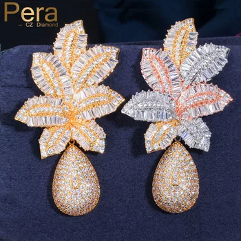 

Pera Fashion Nigerian Dubai Gold 3 Tone Long Leaf Drop Earrings for Wedding Women Costume Jewelry with Cubic Zircon Setting E483
