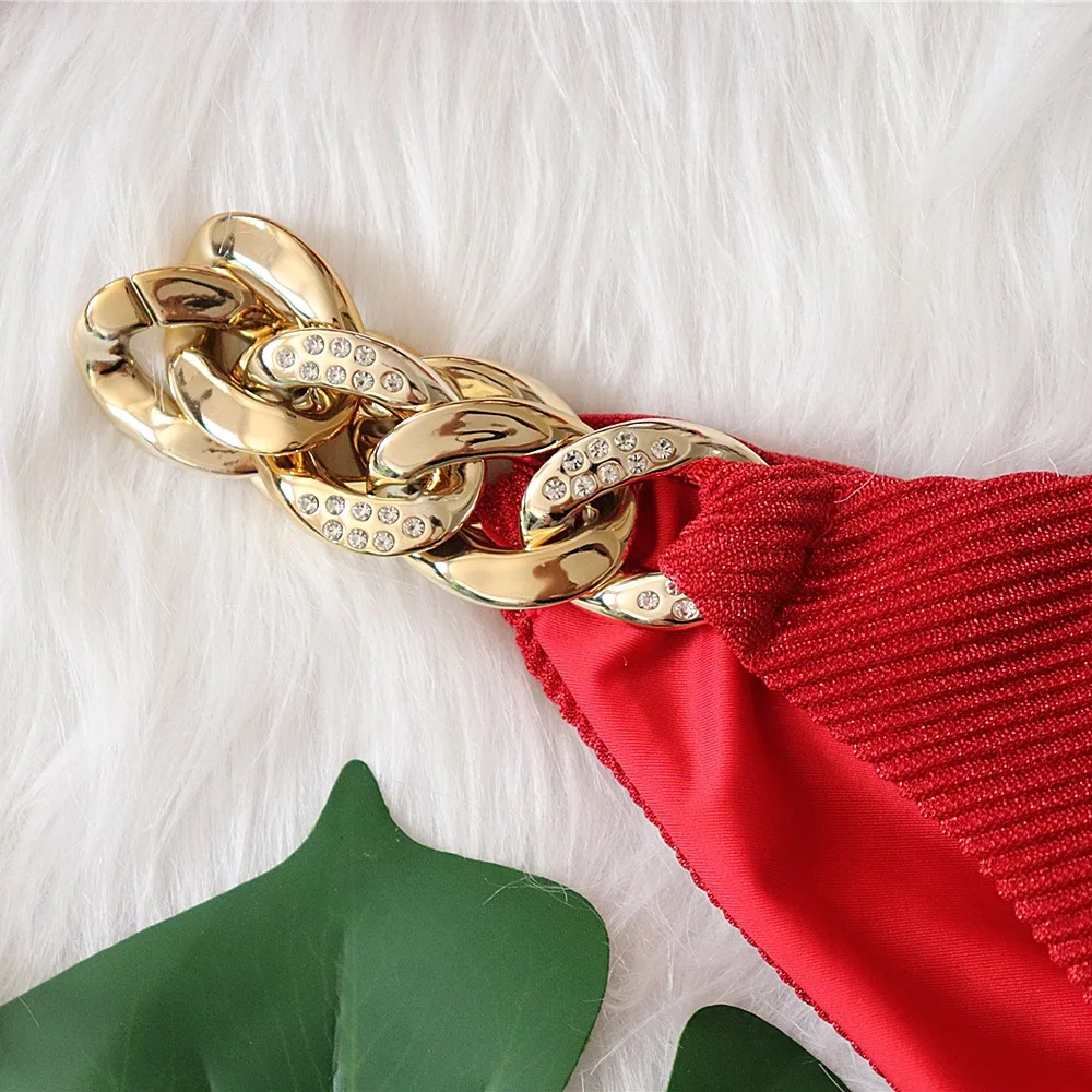 Bikini Halter Solid Red Push Up Pad Metal Chain Swimsuit Brazilian Bathers Bathing Suit Thong Swimwear