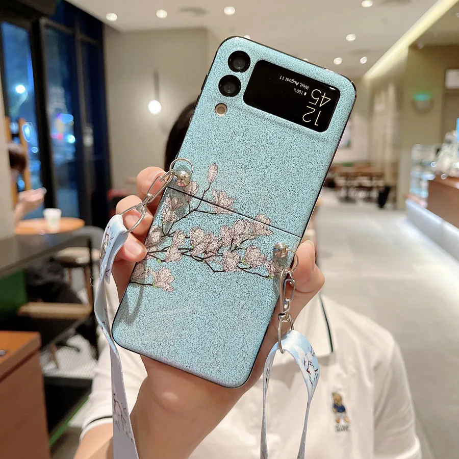 Glitter Bling Flowers Crossbody Phone Case with Shoulder Strap Lanyard Chain