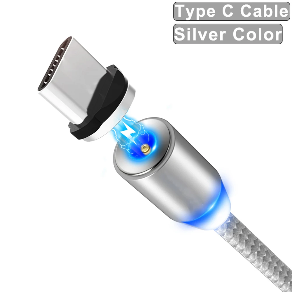 Silver For Type C Для Android iPhone huawei 360 ° вращающийся круглый Прочный Магнитный светодиодный кабель Micro USB type C для быстрой зарядки нейлоновый плетеный провод для зарядки - Цвет: Silver For Type C