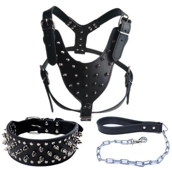 

Studded Spiked Leather Dog Collar Harness Leash Set for Pitbull Mastiff Pet Collar AIA99