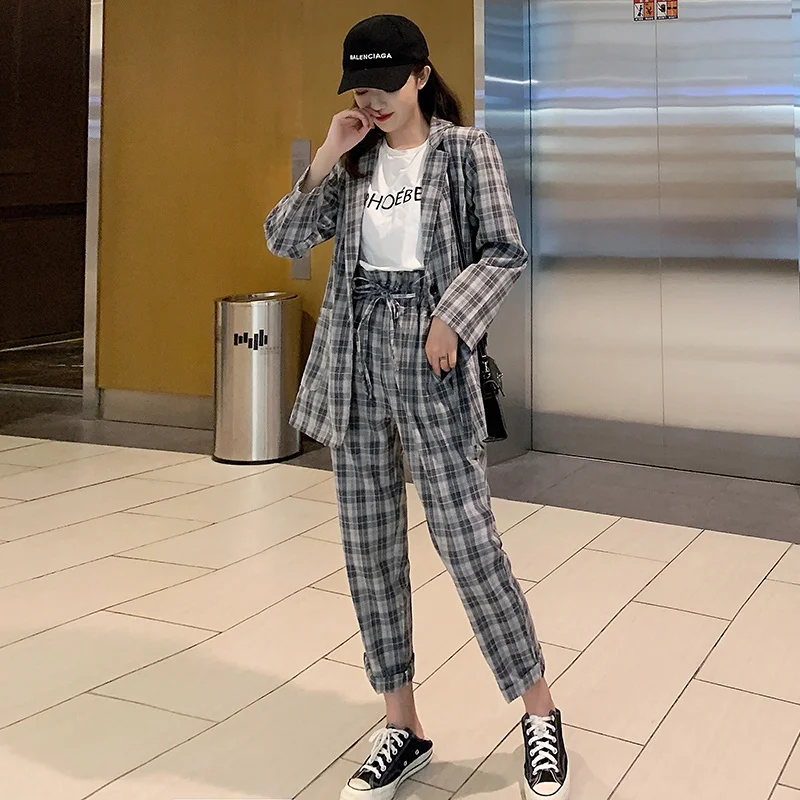 

2 Piece Set Women Suit Jackets And Pants New Autumn Fashion Korean Style Plaid Ladies Casual Blazer Coats Set High Quality S010