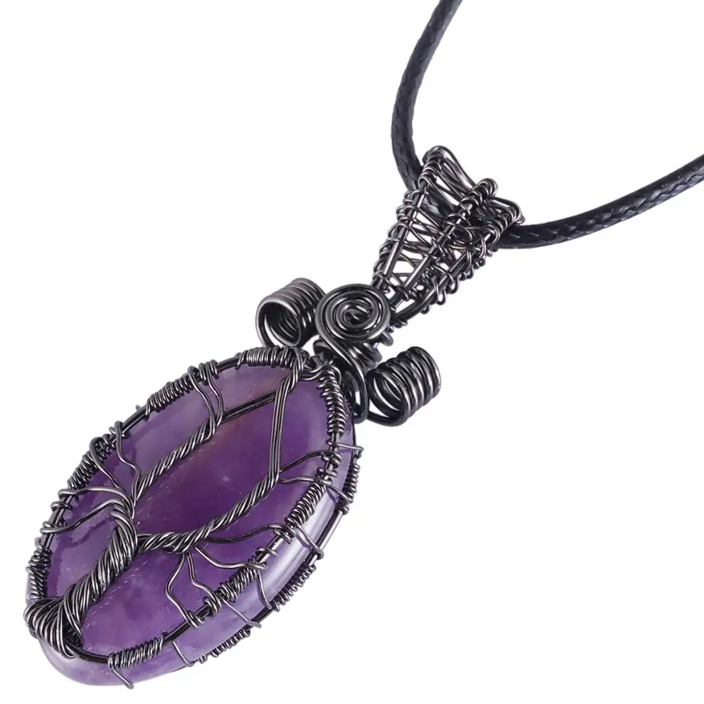 

TUMBEELLUWA Handmade Wire Wrap Natural Stone Oval Pendant Necklace Gun Black Color Reiki Crystal Vintage Jewelry for Women Men