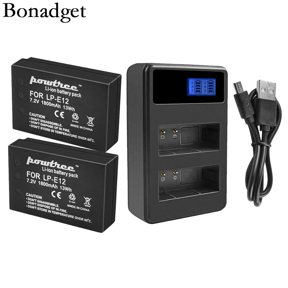 Bonadget для Canon 2 шт 1800mAh 7 V LP E12 LPE12 Аккумулятор камеры AKKU + lcd USB двойное зарядное