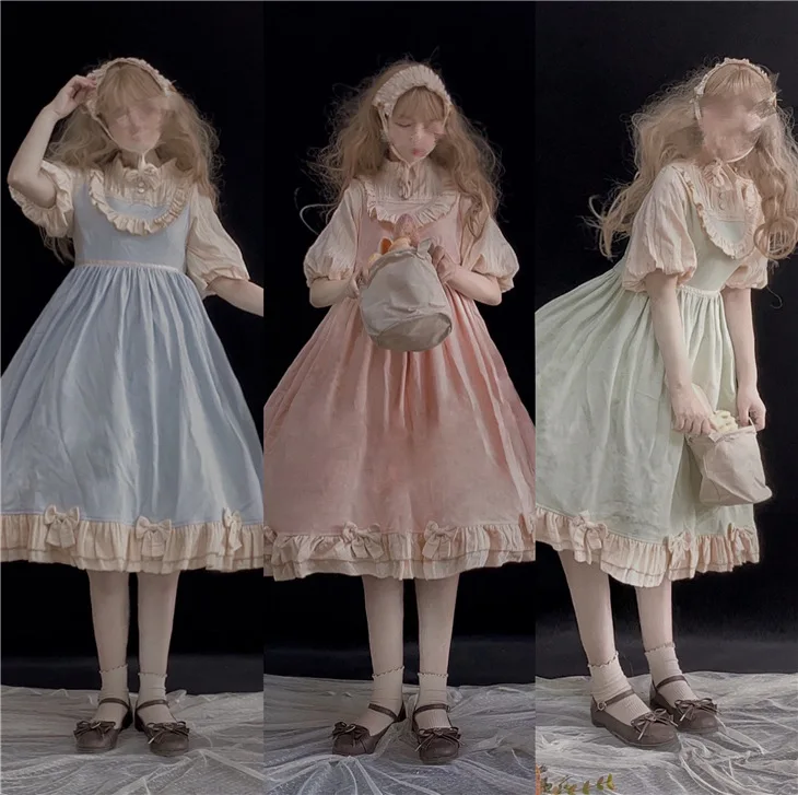 

Sweet lolita dress lace o-neck falbala bowknot puff sleeve high waist lattoce kawaii dress loli cos gothic lolita op kawaii girl