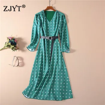 

Europe Fashion Design Runway Dress Spring 2020 New Woman Clothes V Neck Geometric Print Green Mid Calf Dress with Belt