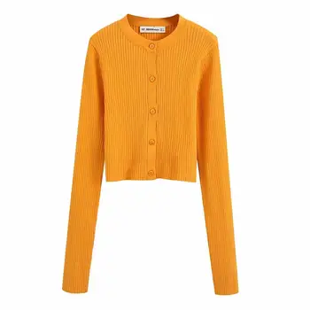 

2020 summer new women orange thin knitted rib sweater O-neck cardigan short slim fit long sleeve casual fashion woman top
