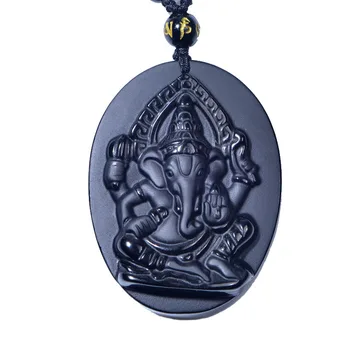 

2020ping Obsidian Elephant Ganesha Amulet pendant with Chain obsidian Blessing Lucky pendants