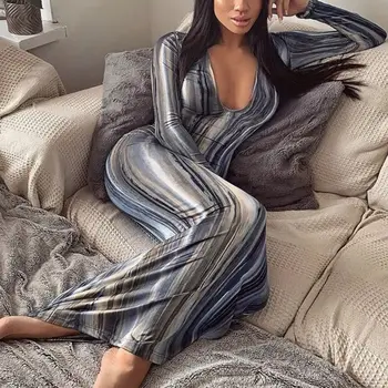 

2020 Sexy Spring Dress Women Long Sleeve Abstract Print Bodycon Party Maxi Dress