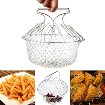 

Stainless Steel Folding Fried Potato Basket Colander Multi Functional kitchen Tool for Boiled Fried Fruits Vegetable Drainer