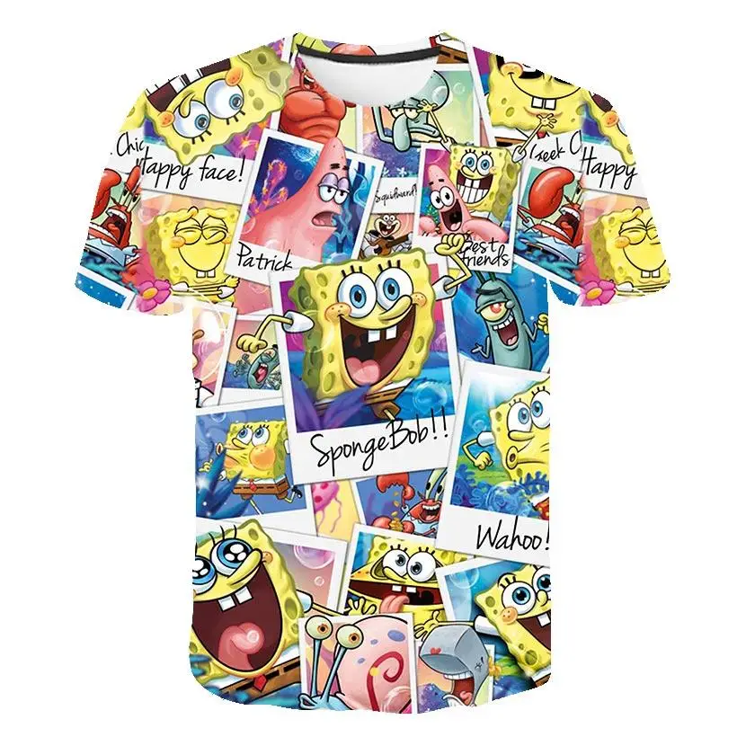 Novedad de verano, Bob SquarePants adulto Camiseta cuello redondo con impresión 3D para niños, camiseta informal para padres e - AliExpress