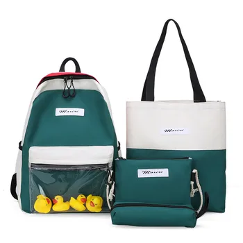

4pcs with panels girl set backpack for teenagers school student backpack canvas women shoulder bag+ pencil case with duck B1-75