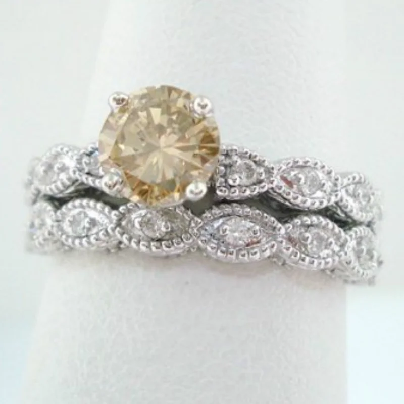 

2pcs retro 1.18 carat Champagne Diamond beautiful Engagement Wedding Bride love ring suit size 6-10