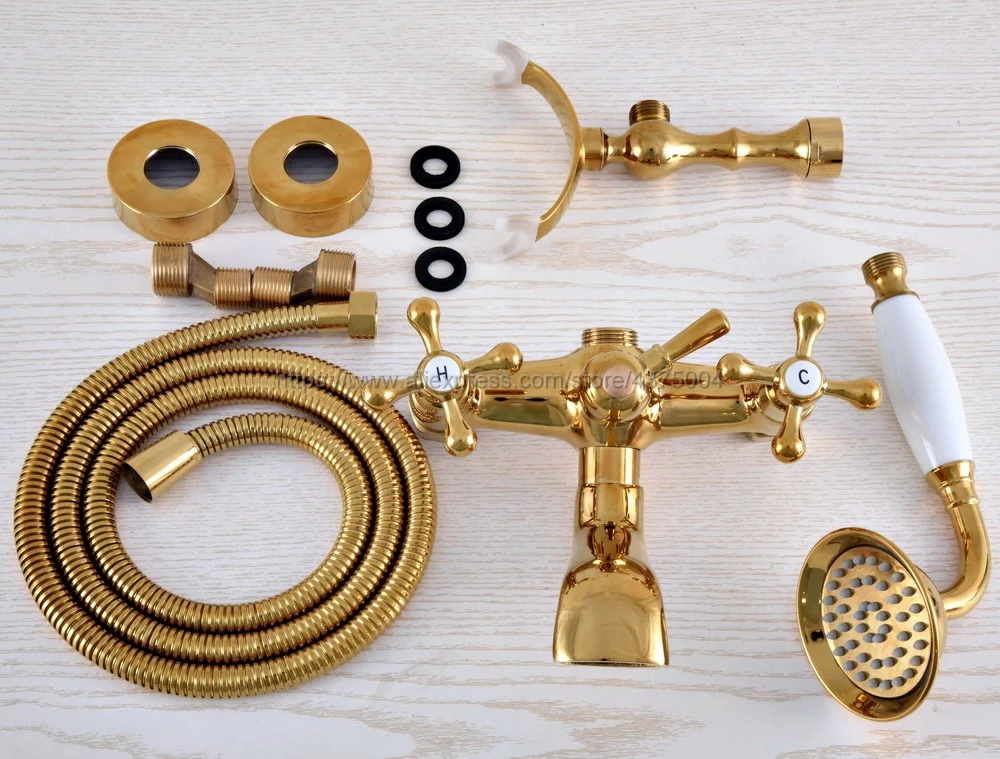 Bathtub Faucet Golden Wall Mounted Rain Shower Faucet Round Handheld 2 Handle Luxury Bathroom Mixer Tap Set Nna848 6