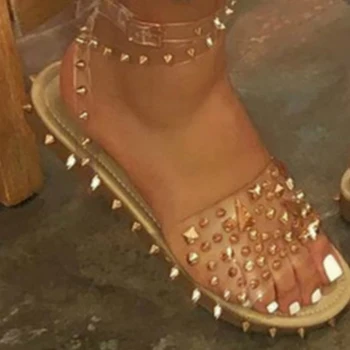 

Woman Rivet Open Toe Sandals Female Ankle Strap Flats Ladies Transparent Women Metal Buckle Shoes Women's Footwear Plus Size 43