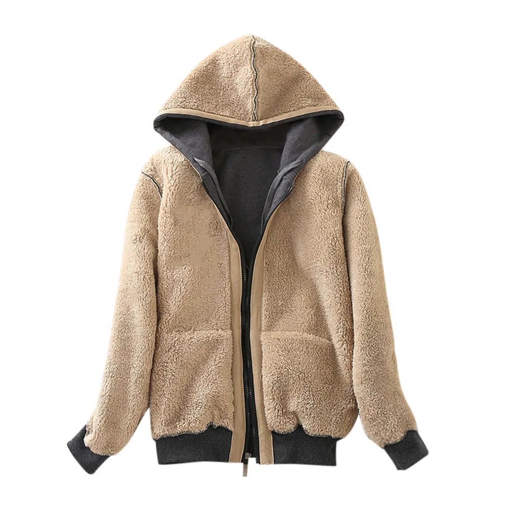 Women Winter Thicken Hoodie Sweatershirt Casual Warm Coat Fluffy Fur Fleece Lined Zipper Up Hooded Jacket Casual Outwear#T2