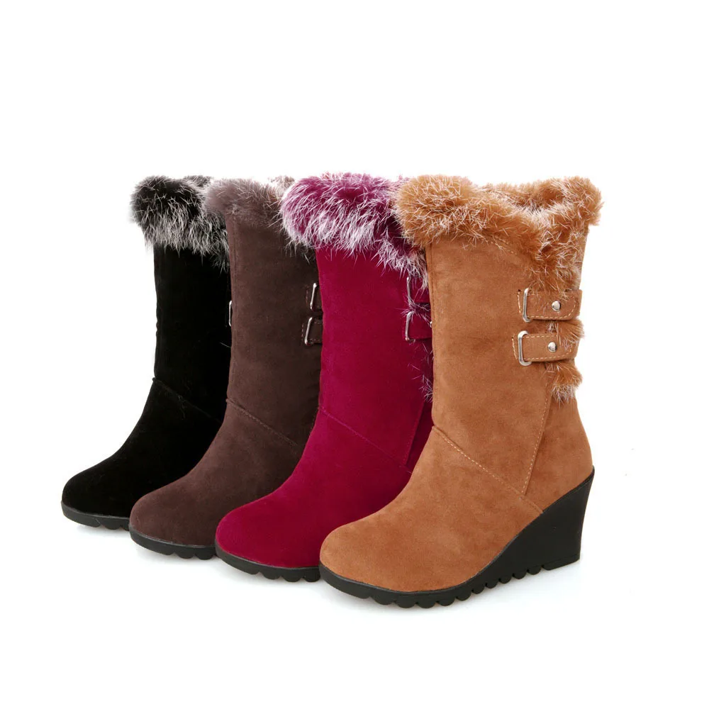 Новые зимние женские ботинки теплые женские ботинки на меху на танкетке с ремешком и пряжкой Повседневная модная обувь женские кроссовки, размеры 34-43