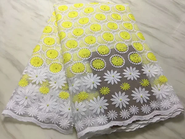Африканская тканая кружевная ткань с камнями, Цветочный Высококачественный нигерийский французский тюль, кружевная ткань для шитья платья - Цвет: yellow