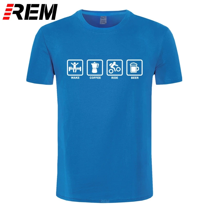 REM Brand Clothing Wake Coffee Rider Beer Bicycle Funny T Shirt Tshirt Men Cotton Short Sleeve T-shirt Top Camiseta