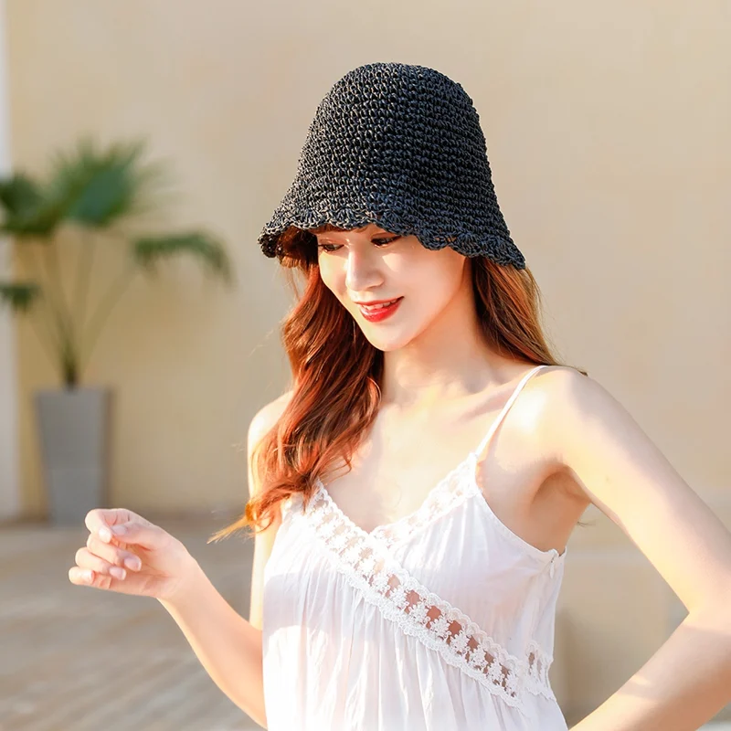 

Lady Sun Cap Wide Brim Bowknot Decorative Sunshade Folding Nylon Straw Plaiting Beach Cap Headwear Accessories