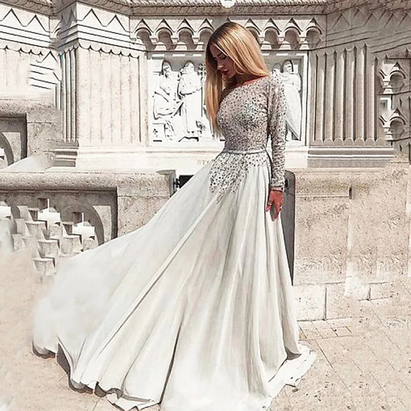 

Luxury Chiffon Beads Evening Dress Long Robe De Soiree Sexy Backless A-line Long Sleeves Evening Prom Gowns Vestido De Festa
