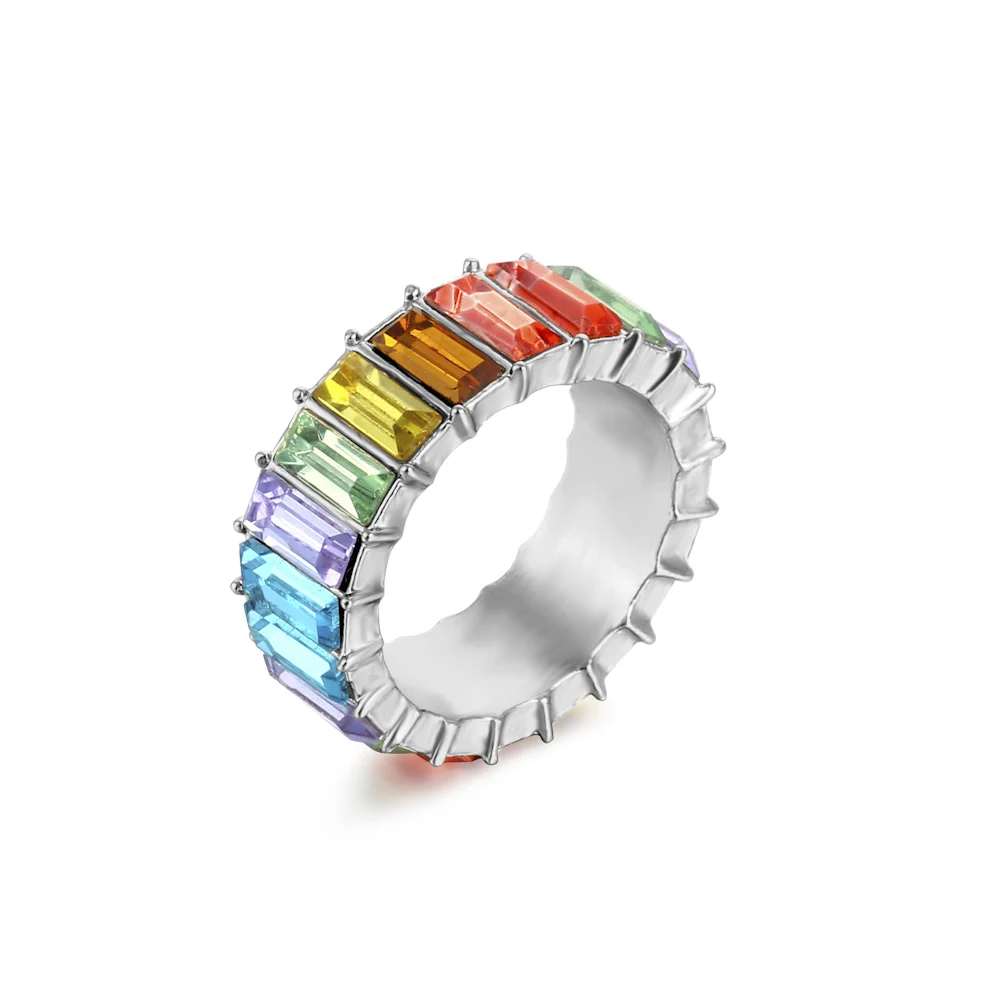 Finger Ring VG 6YM Dainty Rainbow Ring Multi Color Crystal Eternity Square Baguette Finger Ring Women Female Wedding Jewelry