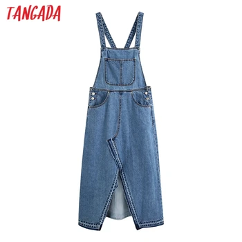 

Tangada fashion women denim dress strap sleeveless backless ladies casual long dress vestidos BE683