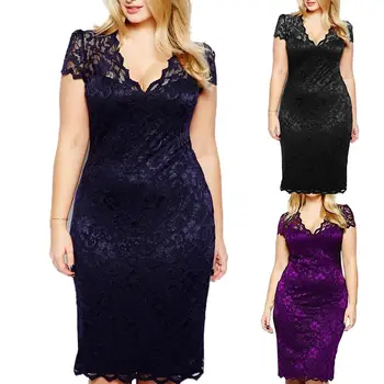 

Dress Fashion Women Sexy Lace Hollow Out Deep-V Short Sleeve Fit Party Midi Dress Cotton + Spandex Plus Size M-4XL