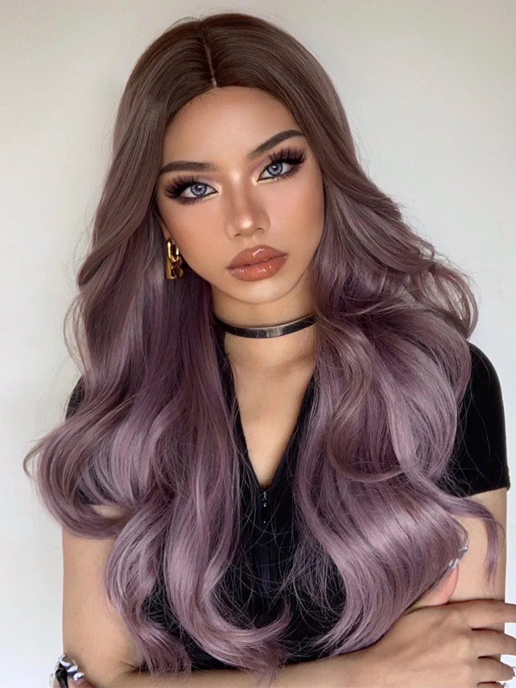 GEMMA Long Wavy Ombre Brown Purple Synthetic Wigs for Women Heat Resistant Natural Middle Part Cosplay Party Lolita Hair Wigs