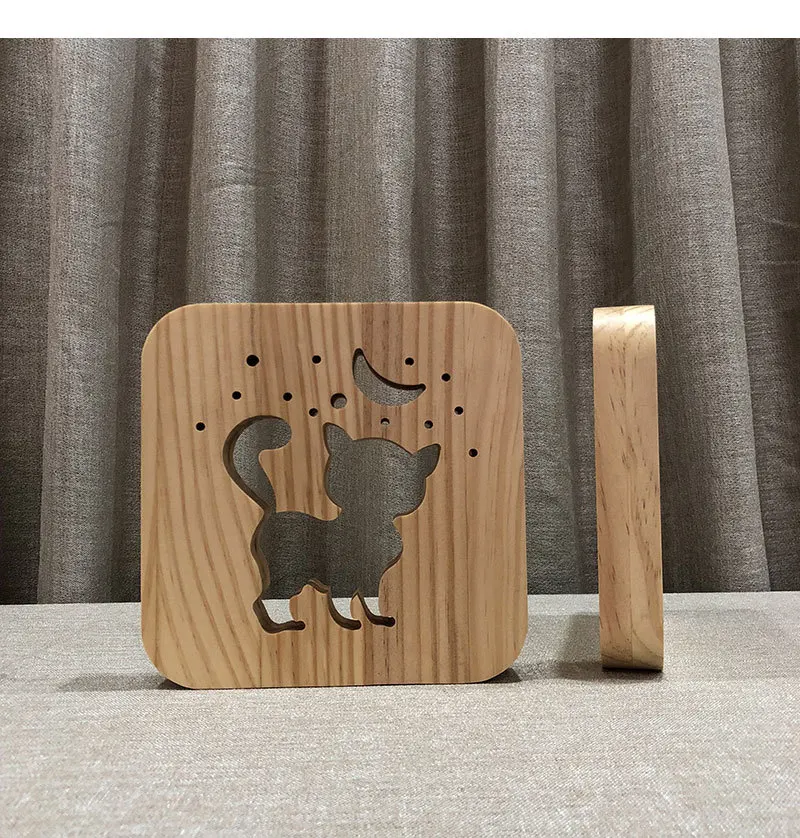 Creative Wooden Lamp Animal Cute Cat Night Lamp Bedside Lamp 3D Shadow Wooden LED Table Light Carving Lamp for Children's Room Decoration (3)