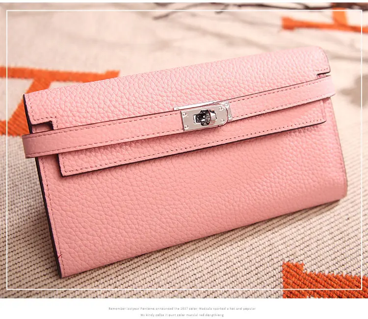 Genuine Leather Litchi Pattern Lock Purse Hasp Wallet Women Fashion Trendy High Quality Drop Shipping Multi Function Bank Card