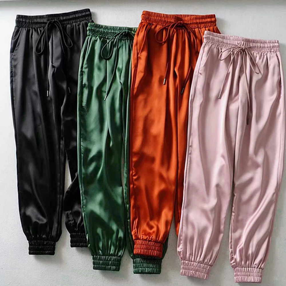 LITTHING/Новинка; атласные брюки с большим карманом; женские блестящие спортивные брюки с лентами; BF Harajuku Joggers; женские спортивные брюки