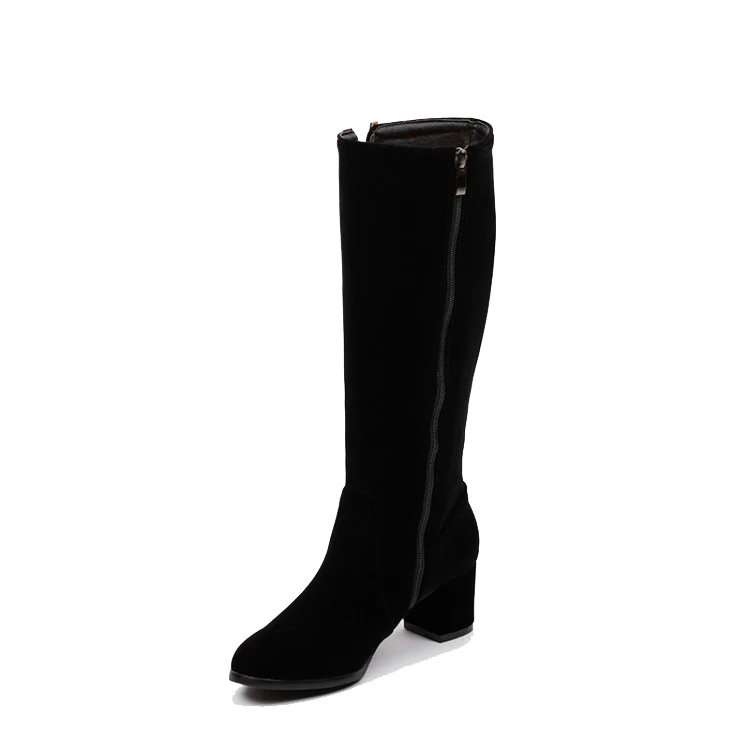 KALENMOS Knee High Boots Women Block Mid Heel Flock Long Boots Ladies Fashion Black Autumn Winter Shoes Daily Boots Size 33-46