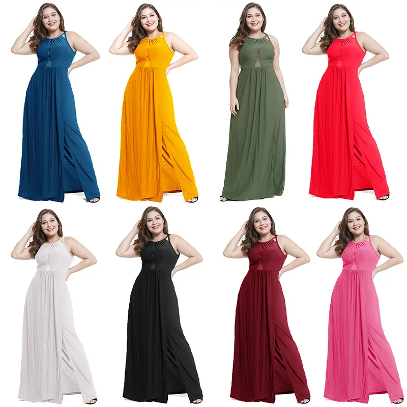 

Party Dress Maxi Strap Backless Split Sleeveless Sexy High Waist Women Tunic Pink Plus Size 3XL 4XL 5XL Mesh Long Dress Ladies
