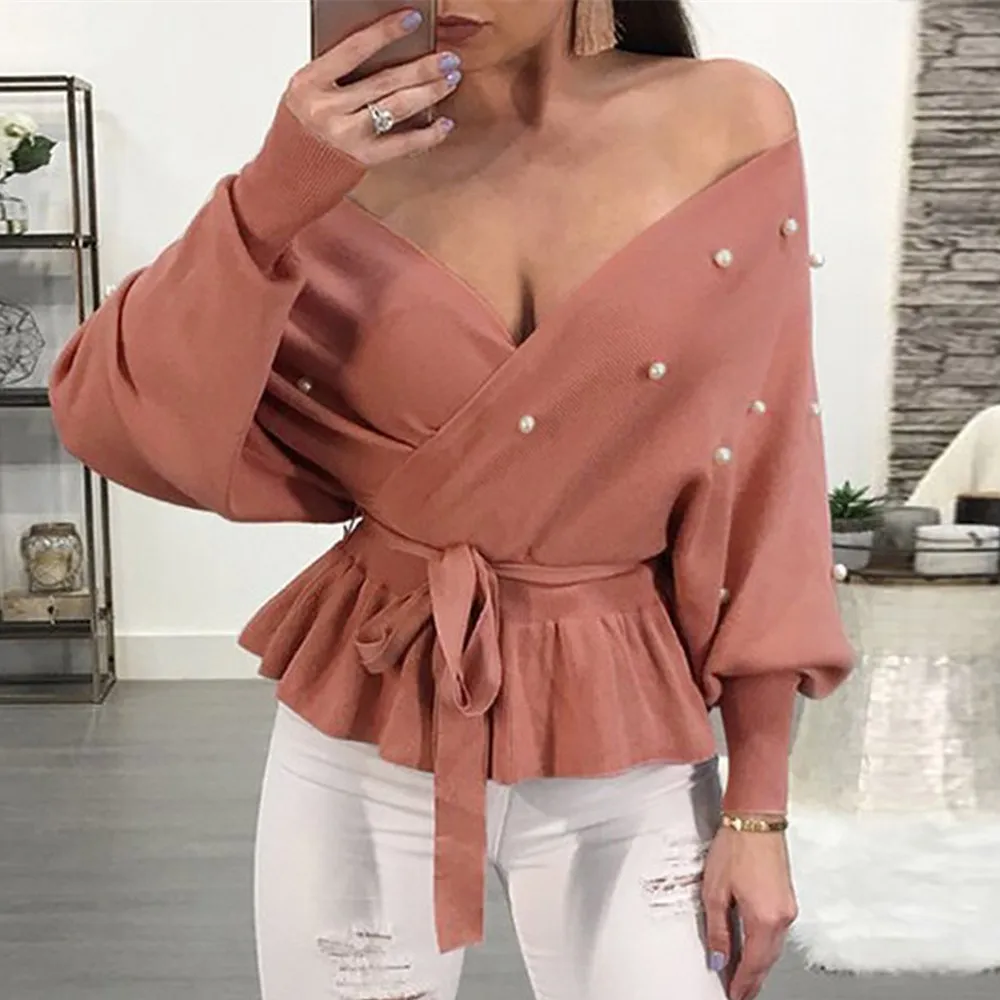 

Sexy V Neck Pearl Batwing Sleeve Pullover Sweater Ruched Women Autumn Winter Ruffle Knitted Sweater Casual Loose Crop Jumper