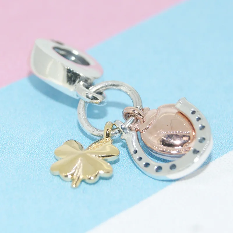 Silver Plate Gold Clover Rose Ladybird Pendant Fit Original Pandora Charms Bracelet Horseshoe Dangle Women Jewelry Gift Berloque