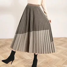Новинка; элегантные женские Винтаж Женская Лоскутная длинная Плиссированная юбка осень-зима Для женщин Высокая Талия Толстая юбка трапециевидной формы Женская обувь в деловом стиле; одежда